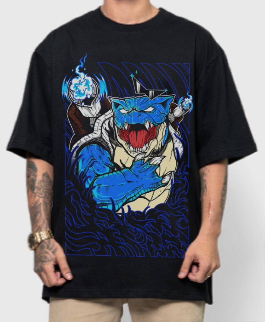 Modelo vestindo camiseta preta Daemonsterz estampa Blast