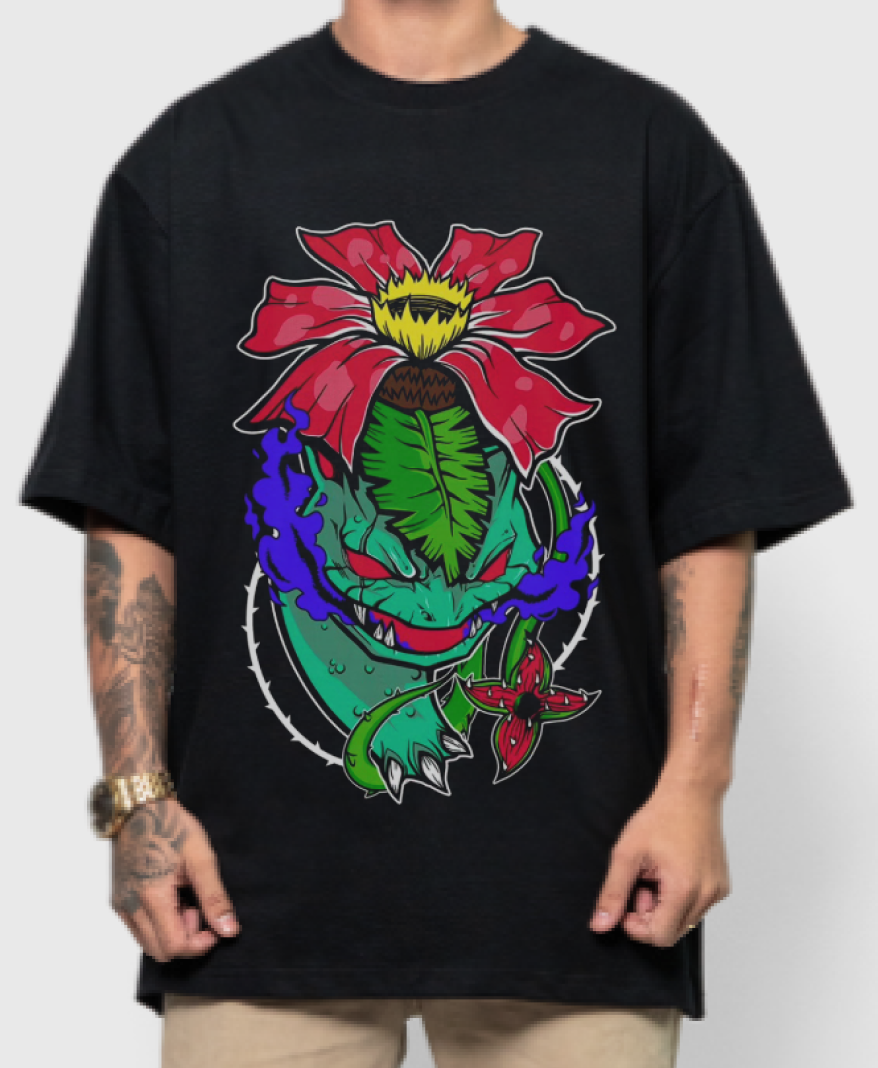 Modelo vestindo camiseta preta Daemonsterz estampa Veno